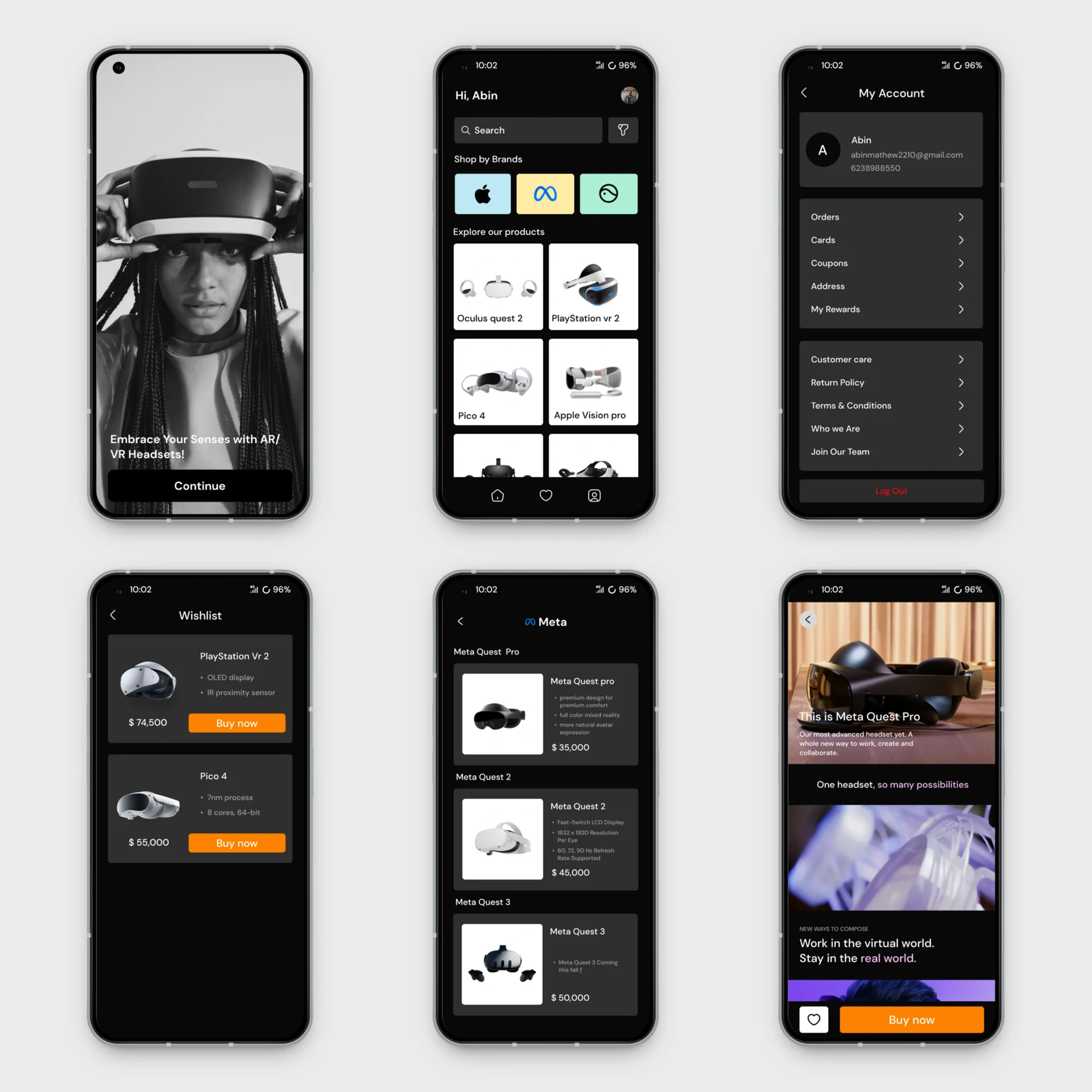 AR/VR buying app screens: onboarding, home with brands and products, account, wishlist, Meta brand page and product detail